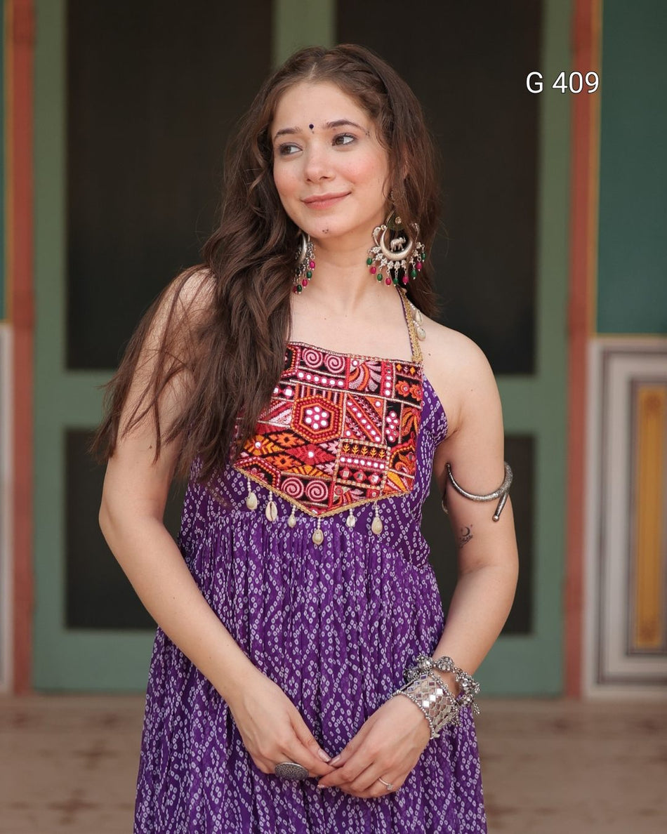 Bandhani Print Faux Georgette Gown with Kutchi Patchwork – G 409 Purple