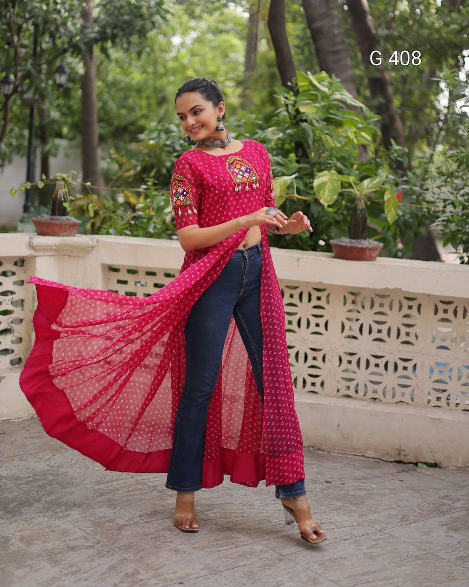 Bandhani Print Faux Georgette Kurti with Kutchi Patchwork – G 408 Pink