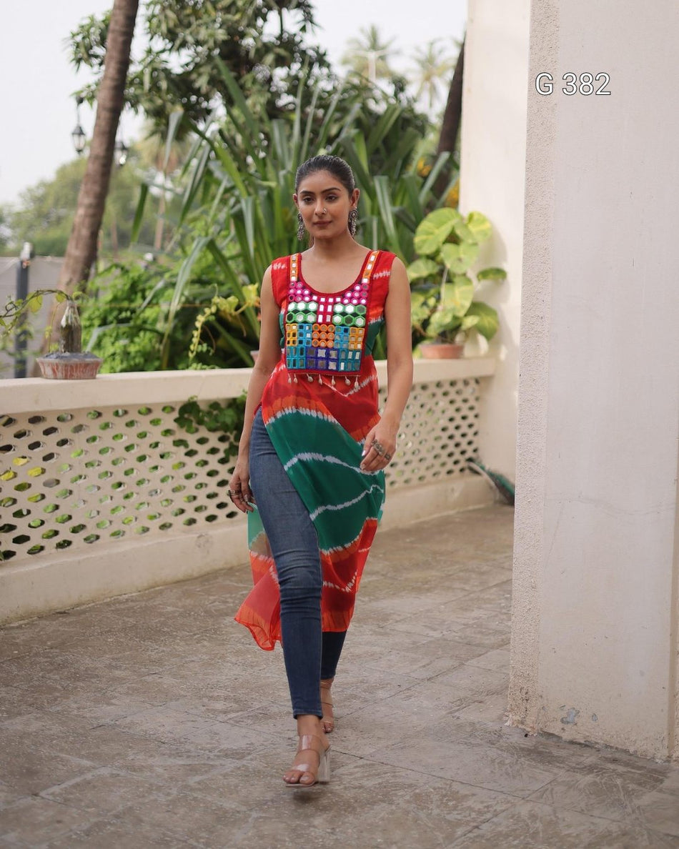 Bandhej Printed Georgette Kurti with Kutchi Gamthi Mirror Work – G 382