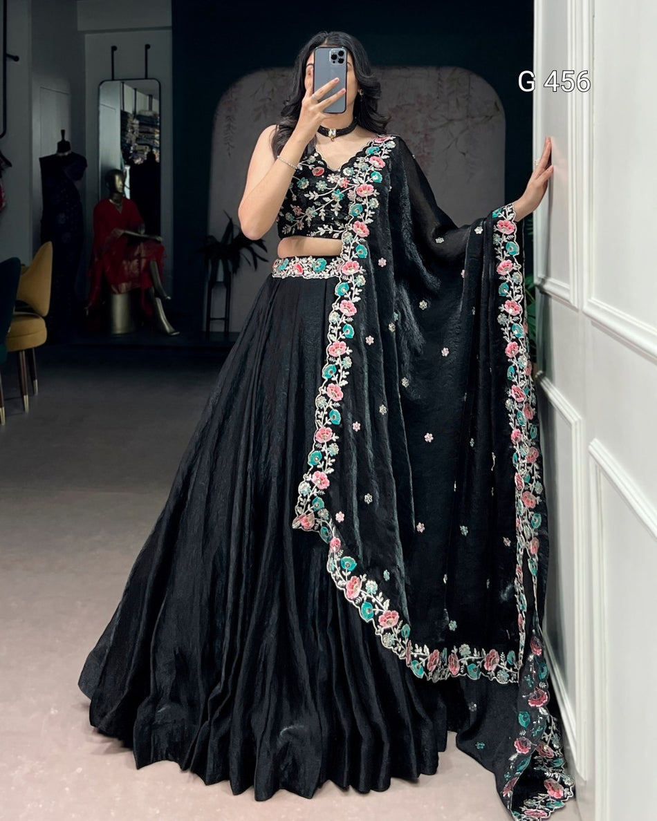 Elegant Black Lehenga with Soft Fendi Fabric - G 456 Black