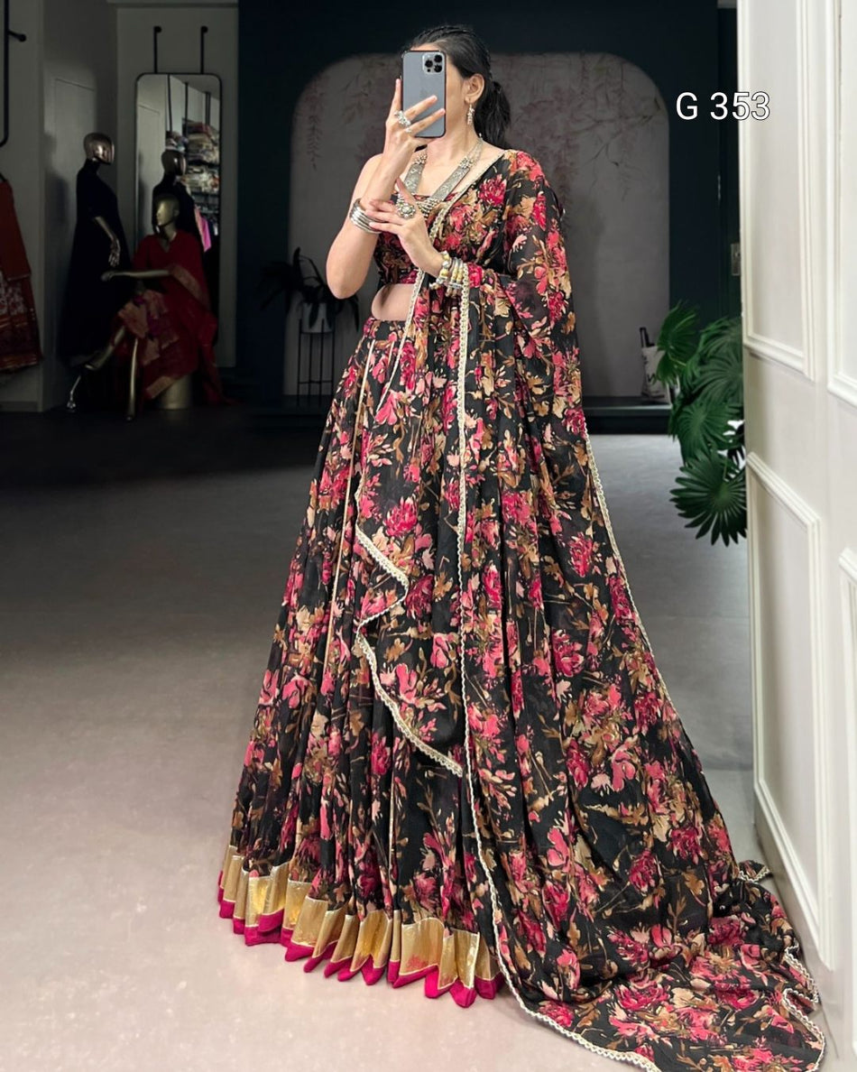 Chiffon Lehenga with Floral & Foil Print – Stitched Set - G 353