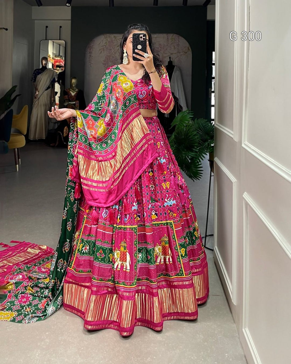Digital Print Gaji Silk Lehenga with Lagadi Patta & Tassels – G 300