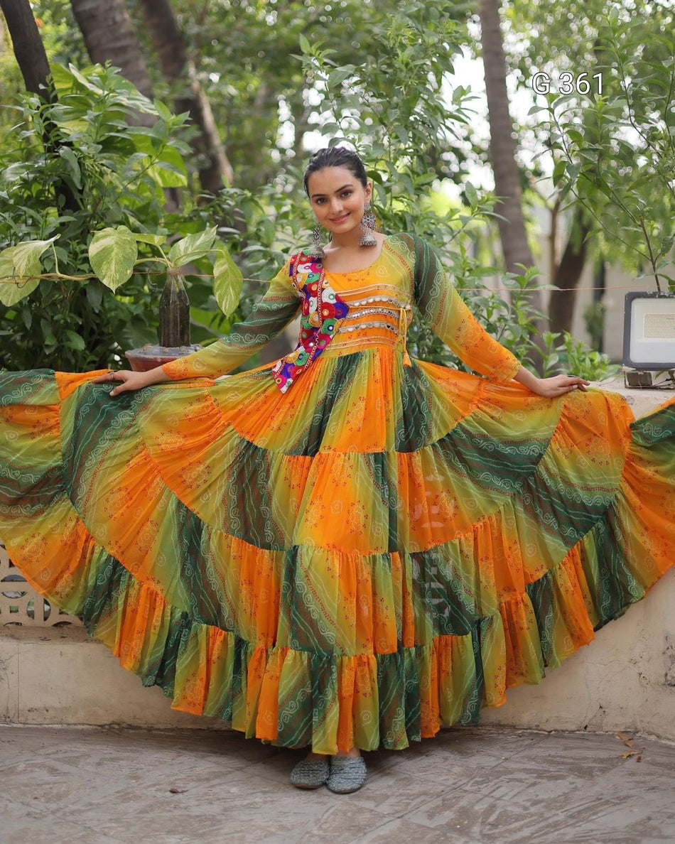 Faux Georgette Gown with Laheriya & Bandhej Print – G 361