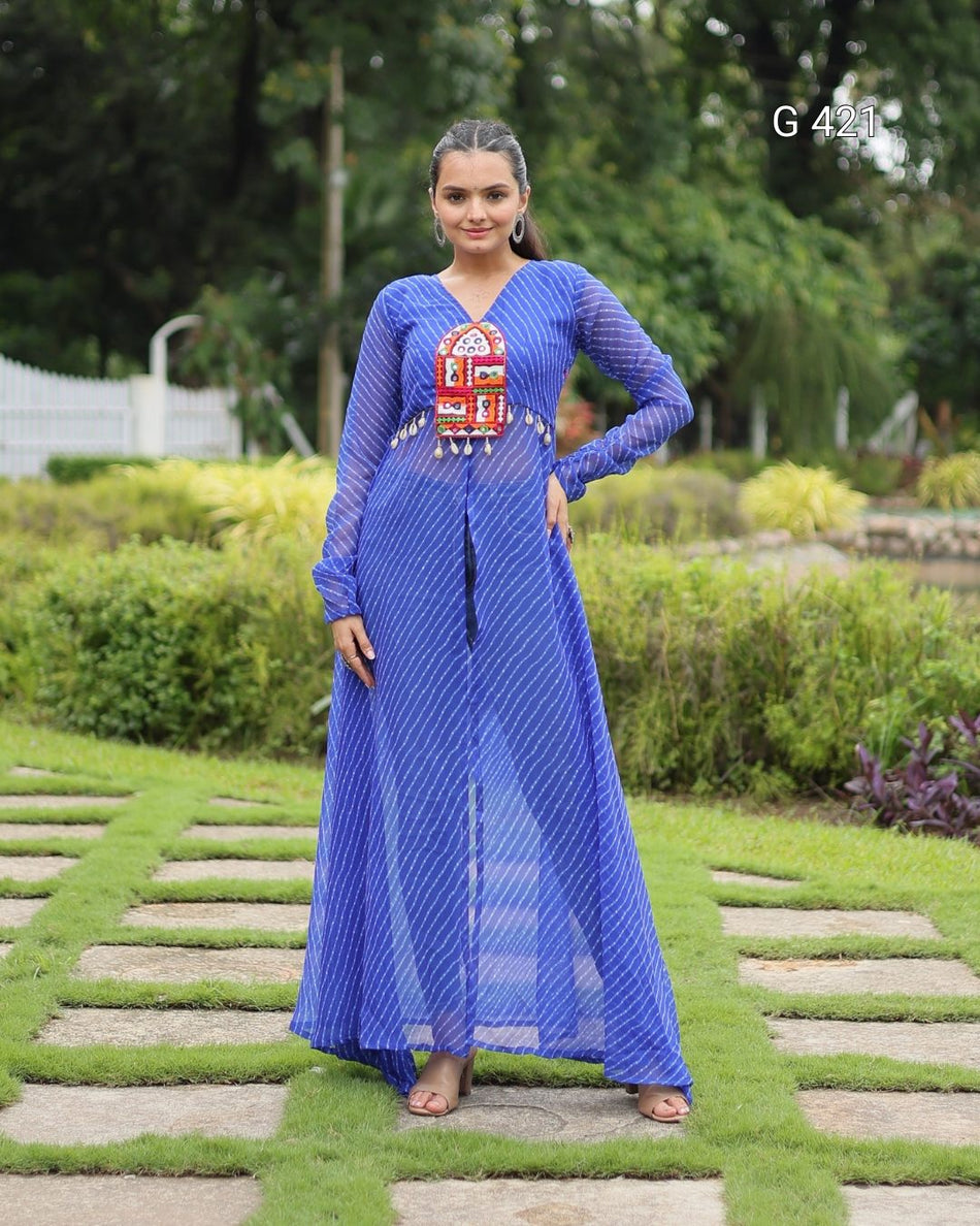 Leheriya Georgette Kurti with Kutchi Patchwork – G 421 Blue