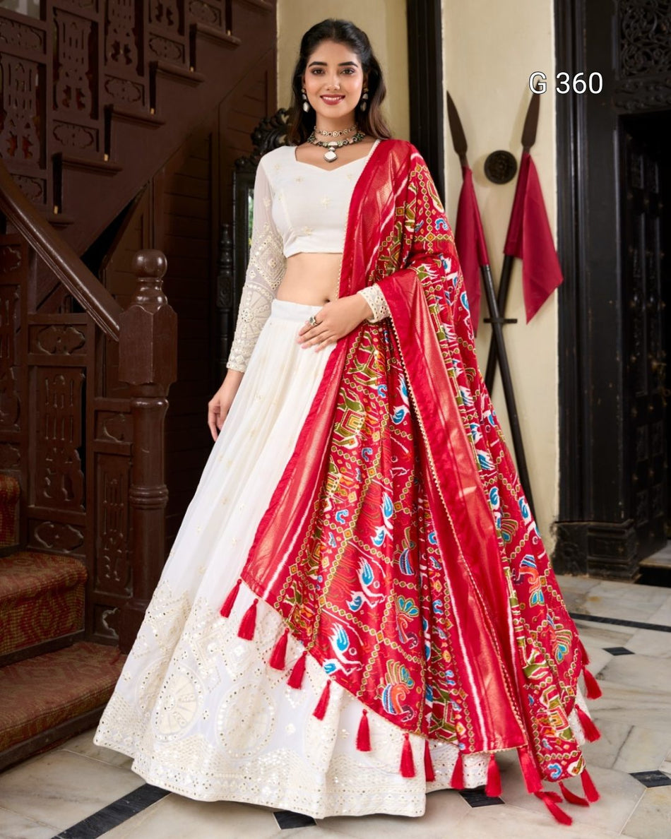 Georgette Lehenga with Lucknowi Paper Mirror Work – G 360 White