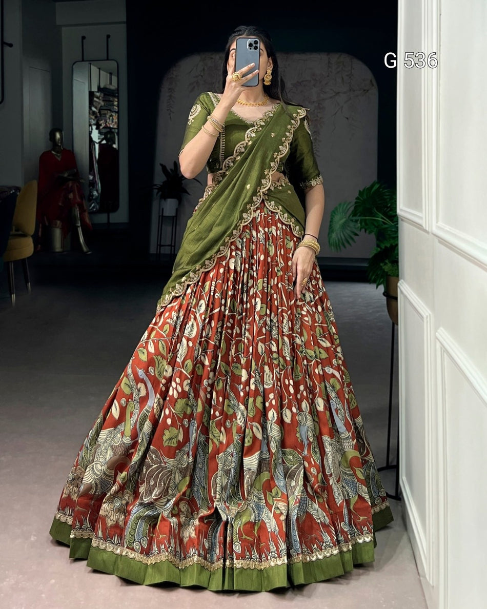 Kalamkari Tasar Silk Lehenga with Embroidered Dupatta - G 536