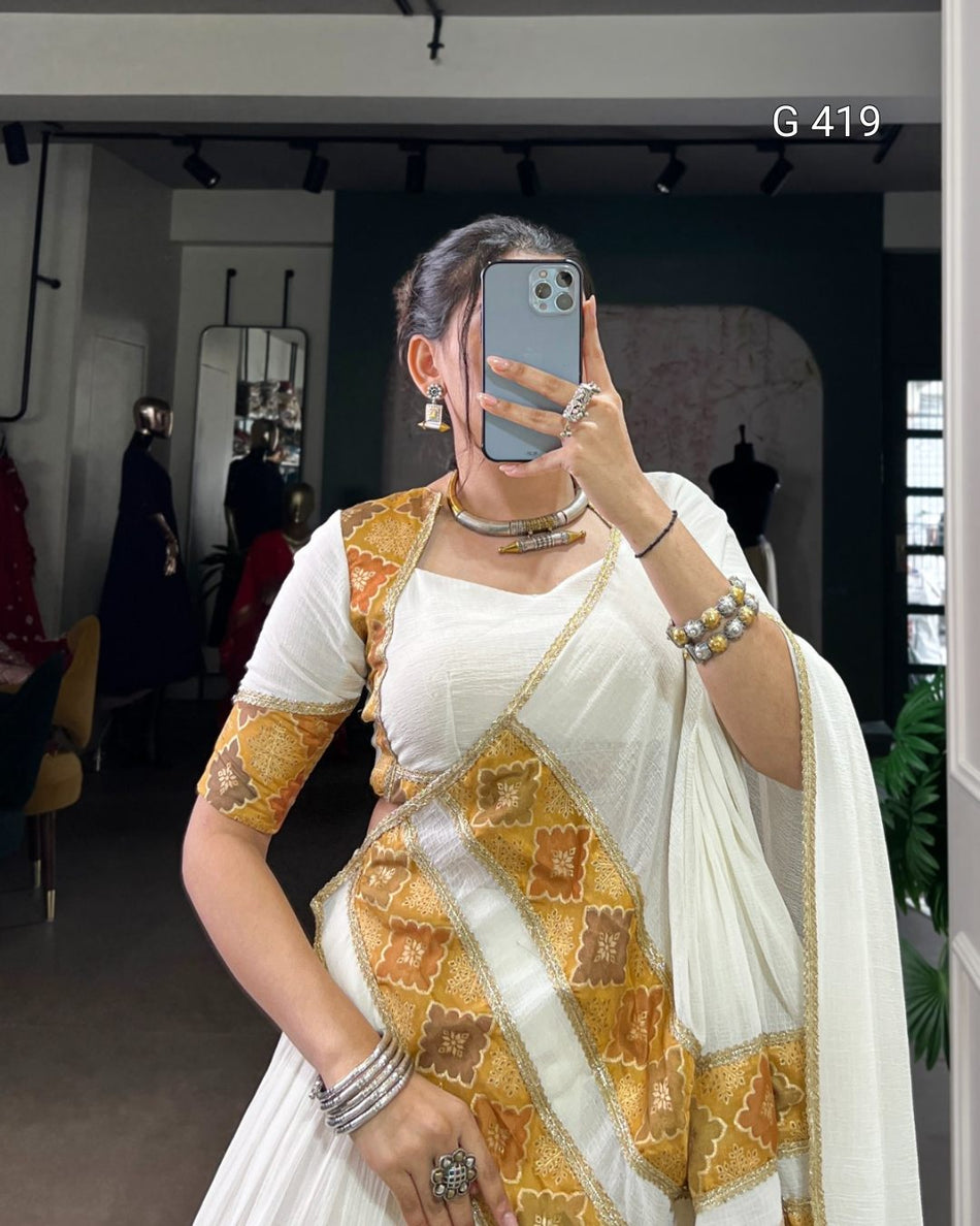 Marble Lehenga with Lace & Printed Blouse – G 419 White