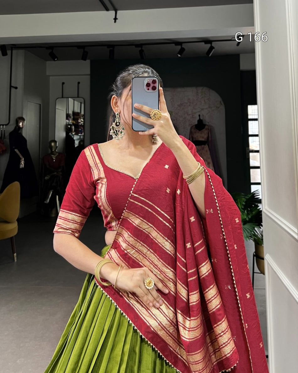 Mehendi Green Pure Chanderi Lehenga with Zari Weaving & Lace Touch-Up Dupatta - G 166 Mehendi