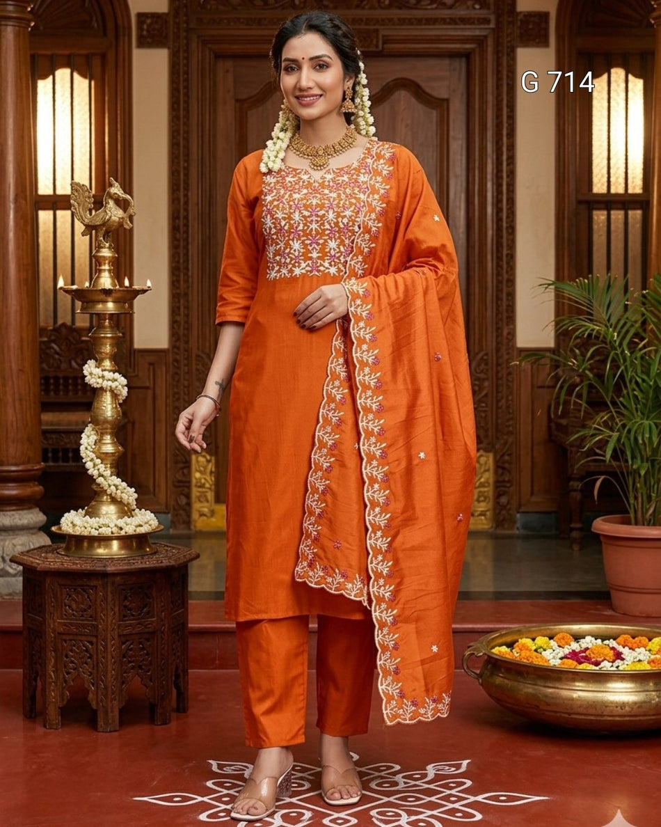 Trendy Embroidered Kurta Set with Elegant Appea G 714
