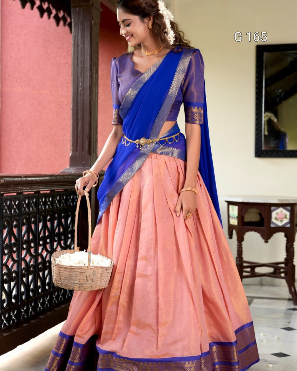 Peach Kanchipuram Lehenga with Zari Weaving Work & Georgette Dupatta-G 165 Peach