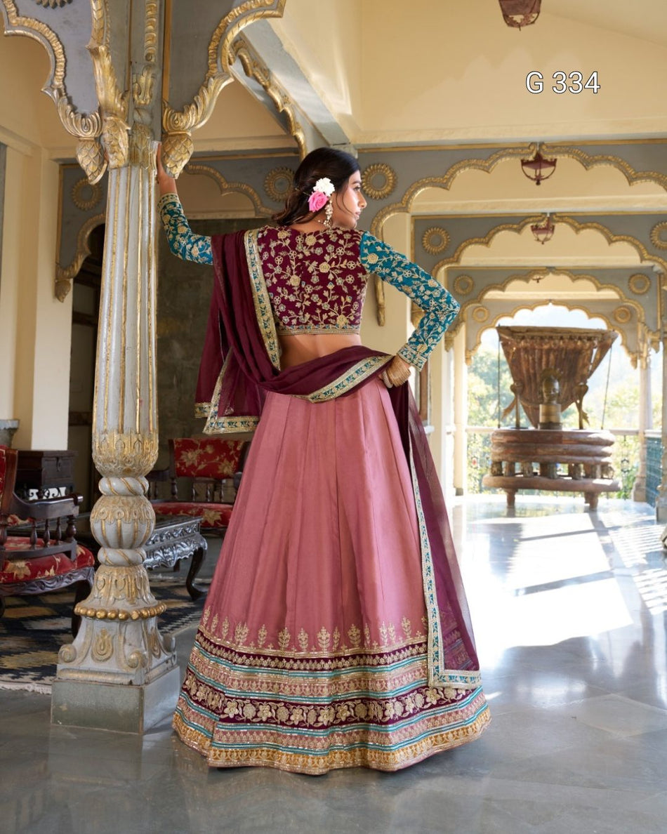 Peach Moonga Silk Lehenga with Sequins & Thread Embroidery - G 334 Peach