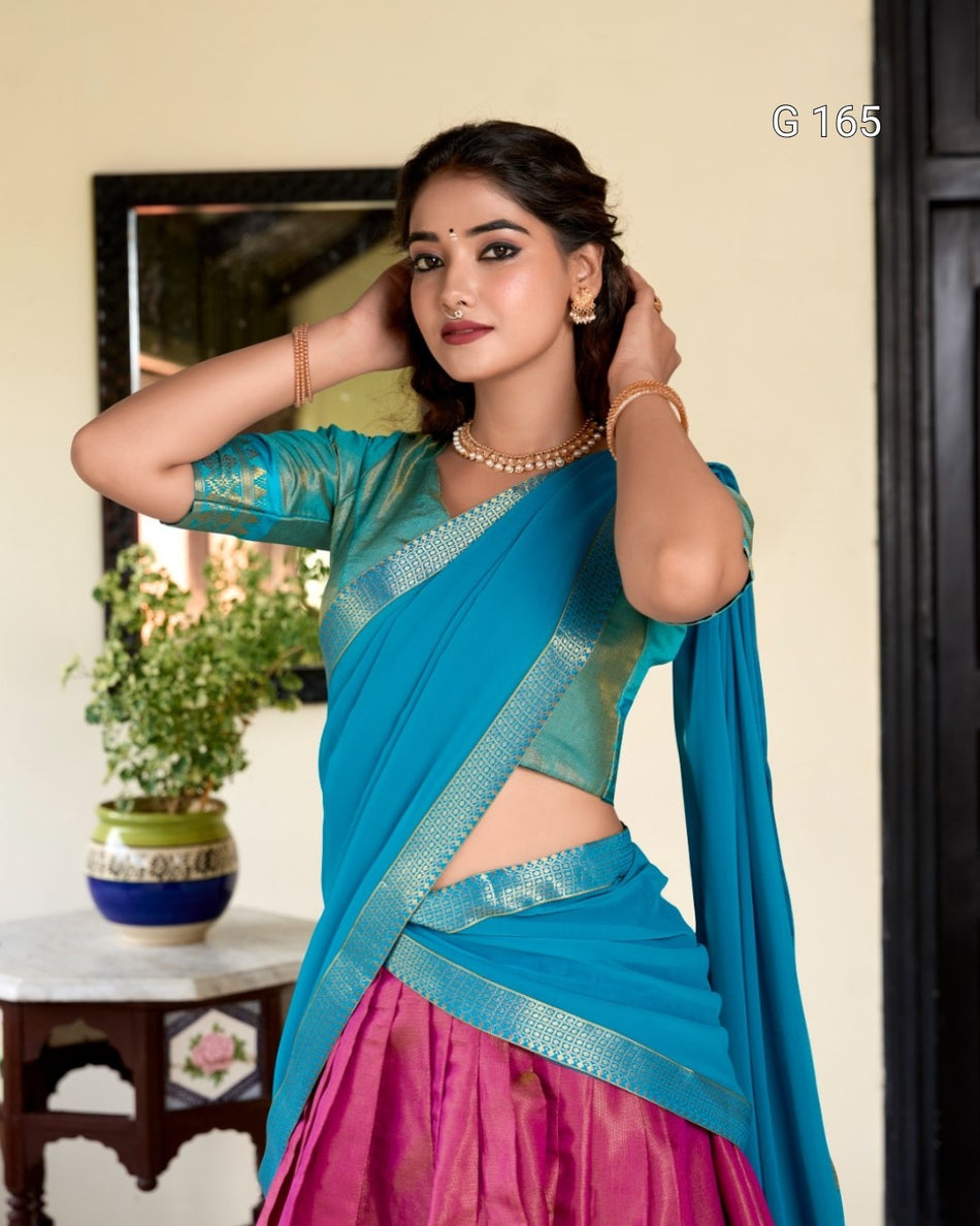 Pink Kanchipuram Lehenga with Zari Weaving Work & Georgette Dupatta-G 165 Pink