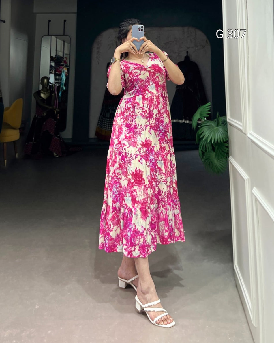 Pink Rayon Frock with Printed Foil Work – G 307 Pink