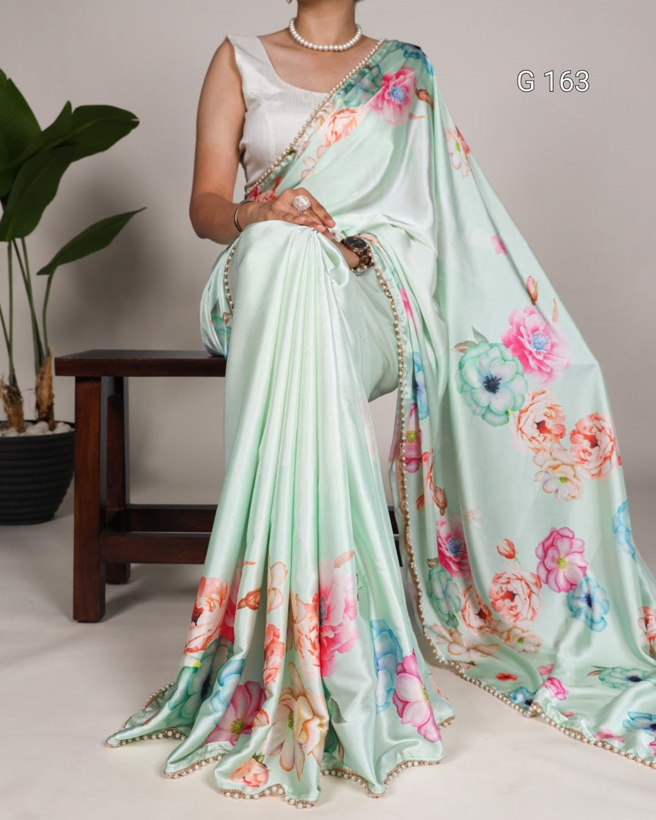 Peach Satin Silk Saree with Floral Print & Pearl Lace Border-G 163