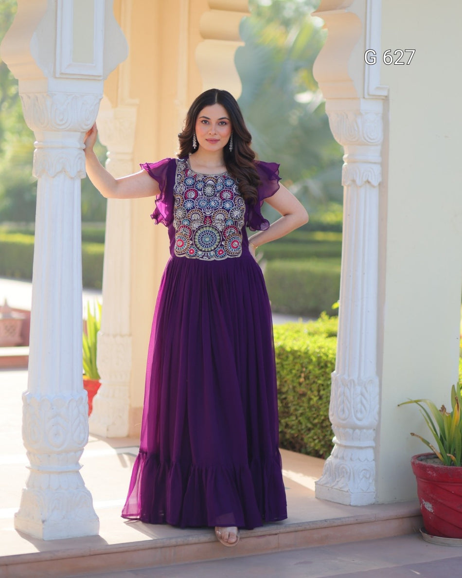 Premium Purple Maroon Gown with Sequins Embroidery - G627