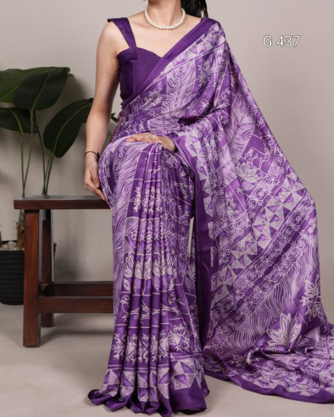 Classic Printed Satin Sarees with Elegant Drapes - G 437