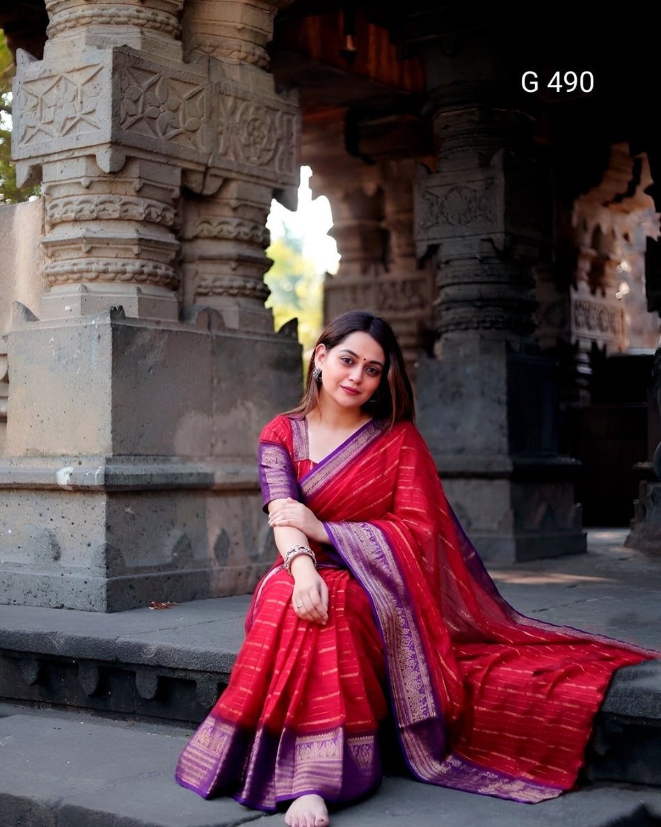 Classic Crepe Stripe Sarees for Daily Elegance - G 490 Red