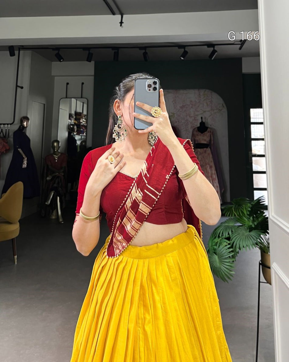 Yellow Pure Chanderi Lehenga with Zari Weaving & Lace Touch-Up Dupatta - G 166 Yellow