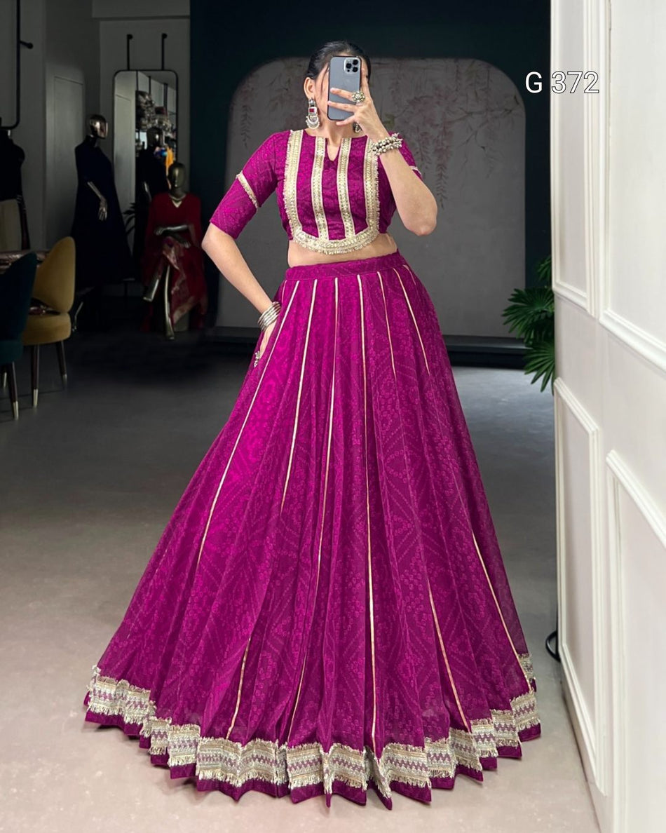 Chiffon Lehenga with Bandhej Print & Sequins Lace – G 372