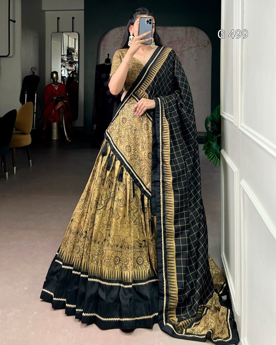 Designer Kalamkari Tasar Lehenga with Elegant Borders - G 499