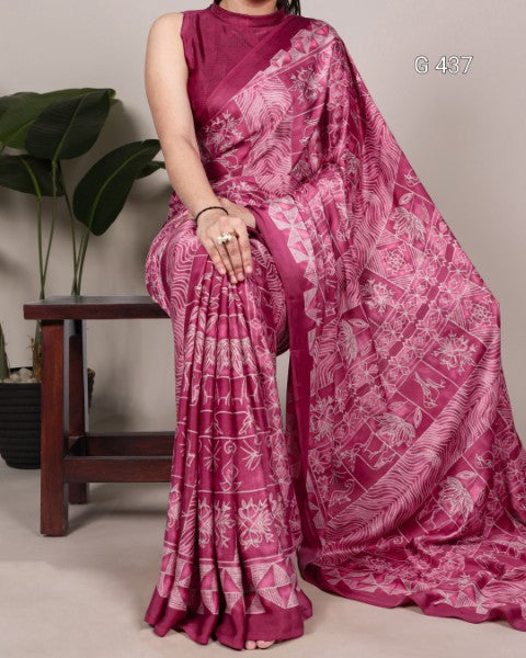 Classic Printed Satin Sarees with Elegant Drapes - G 437