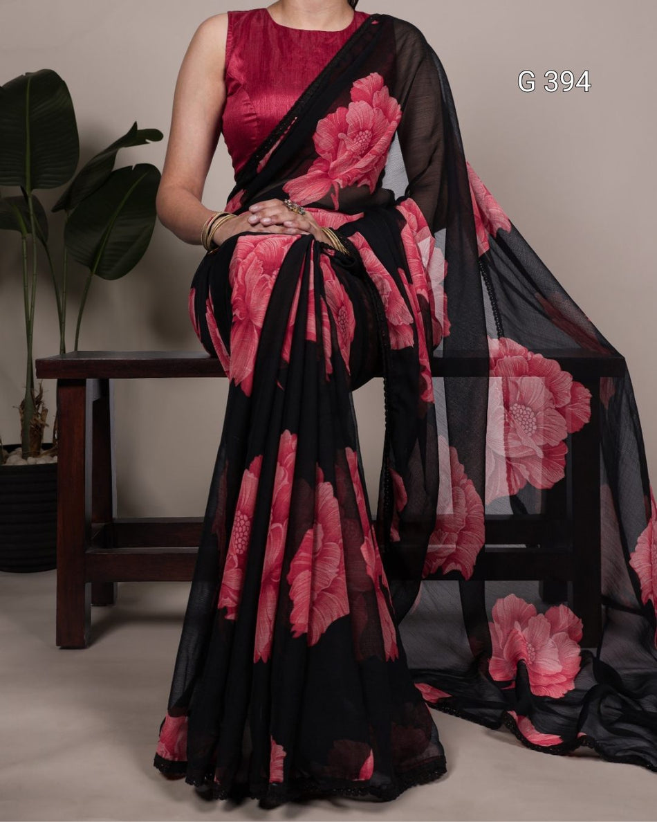 Floral Printed Chiffon Saree with Lace Border – G 394