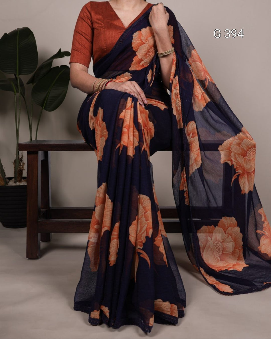 Floral Printed Chiffon Saree with Lace Border – G 394