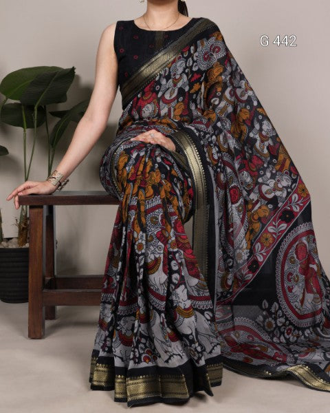 Kalamkari Chanderi Sarees with Shimmering Zari Work - G 442