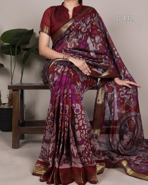 Kalamkari Chanderi Sarees with Shimmering Zari Work - G 442