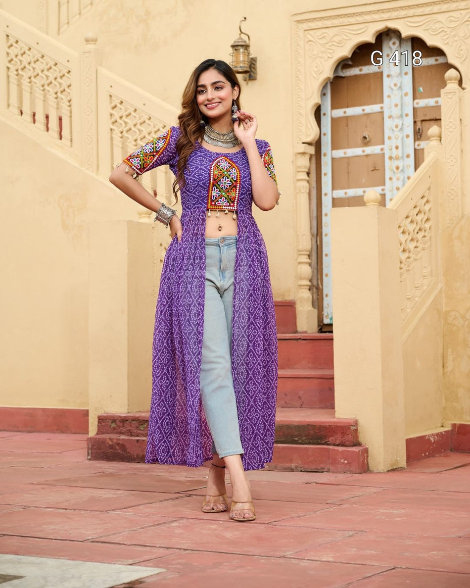 Bandhani Print Faux Georgette Kurti with Kutchi Patchwork – G 418