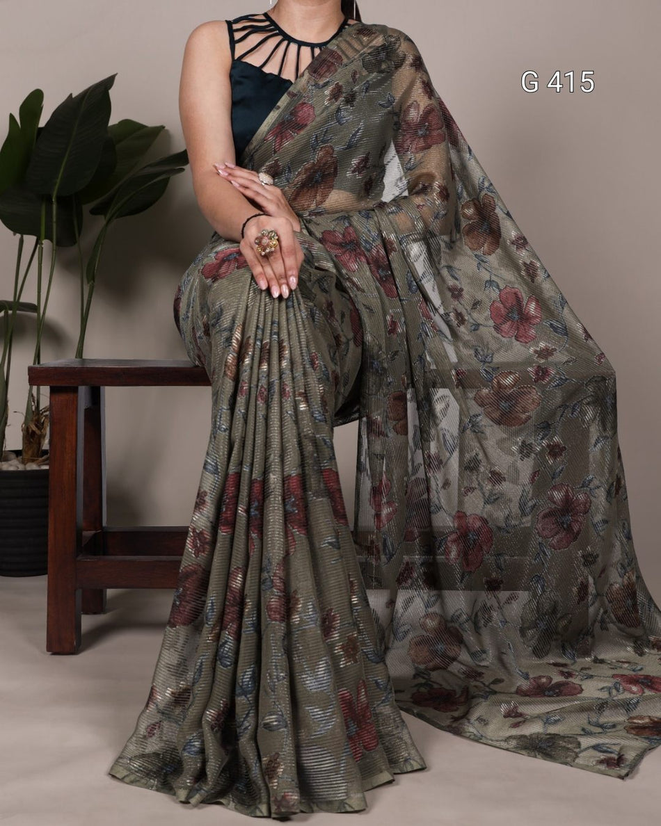 Floral Viscose Brasso Saree with Plain Silk Blouse – G 415