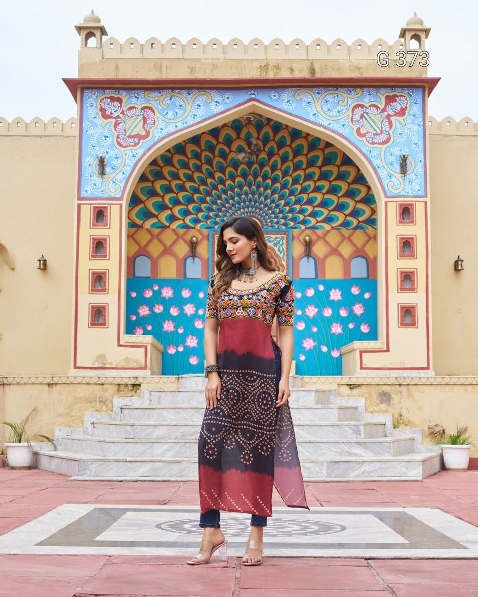 Printed Rayon Kurti with Kutchi Gamthi Work – G 373