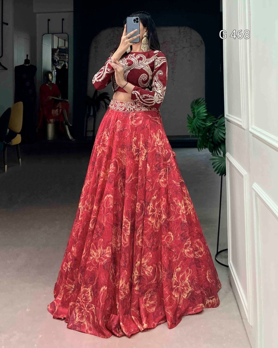 Stylish Tasar Silk Lehenga with Sequins Blouse Design - G 468