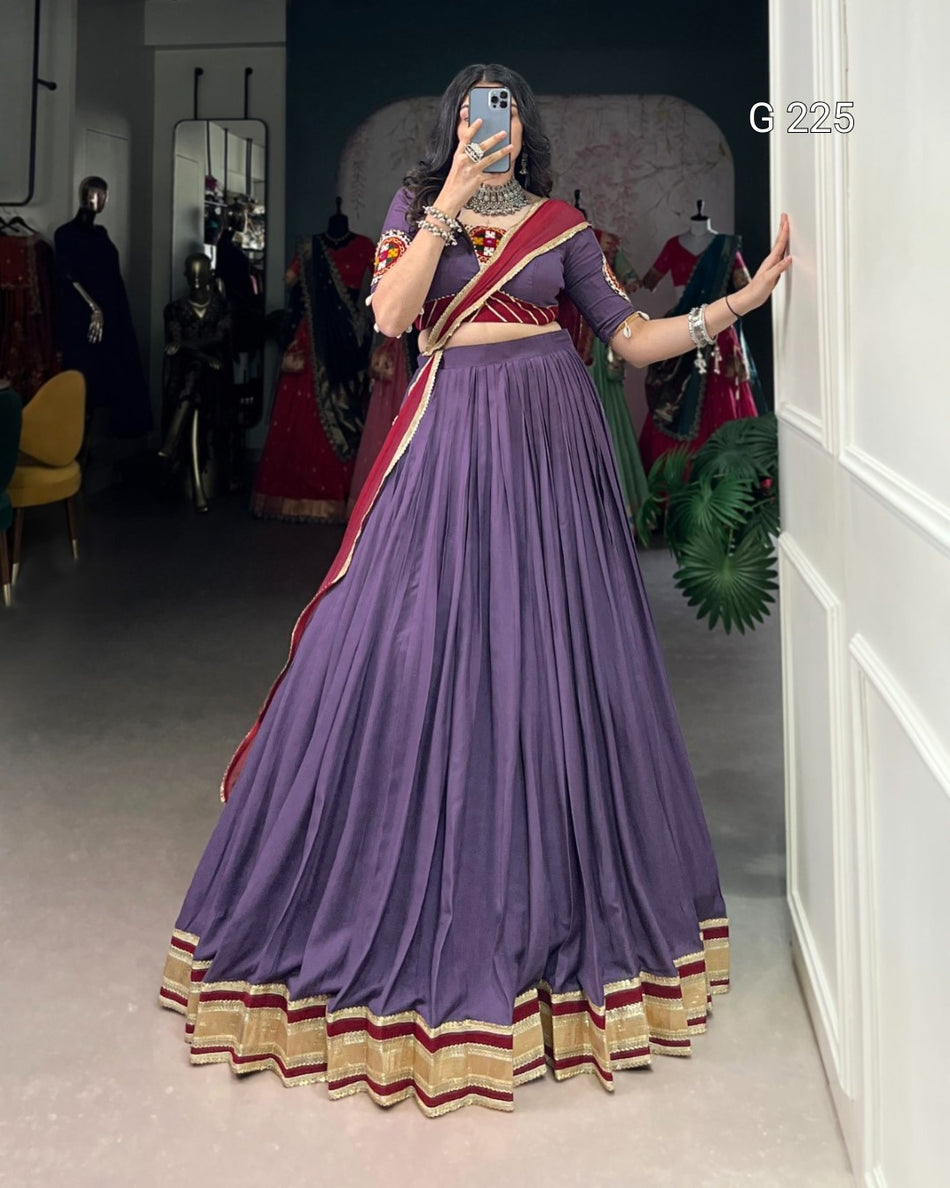 Embossed Design Pure Rayon Lehenga with Mirror Gamthi Work Blouse – G 225 Mauve