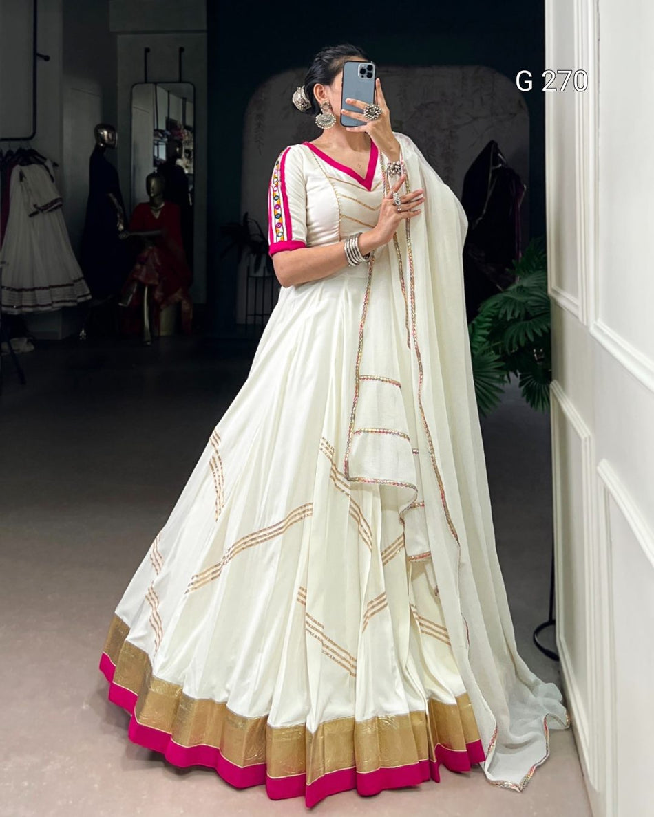 Embossed Design Pure Rayon Lehenga with Gota Patti Lace Touch Up – G 270 White
