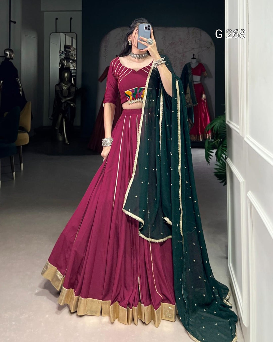 Embossed Design Pure Rayon Lehenga with Gotta Patti Lace Touch Up – G 268 Plum