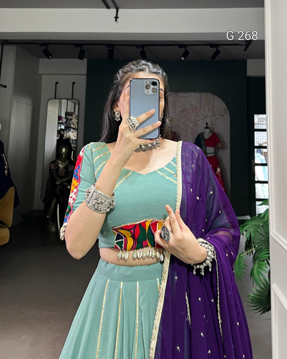 Embossed Design Pure Rayon Lehenga with Gotta Patti Lace Touch Up – G 268 Sea Green