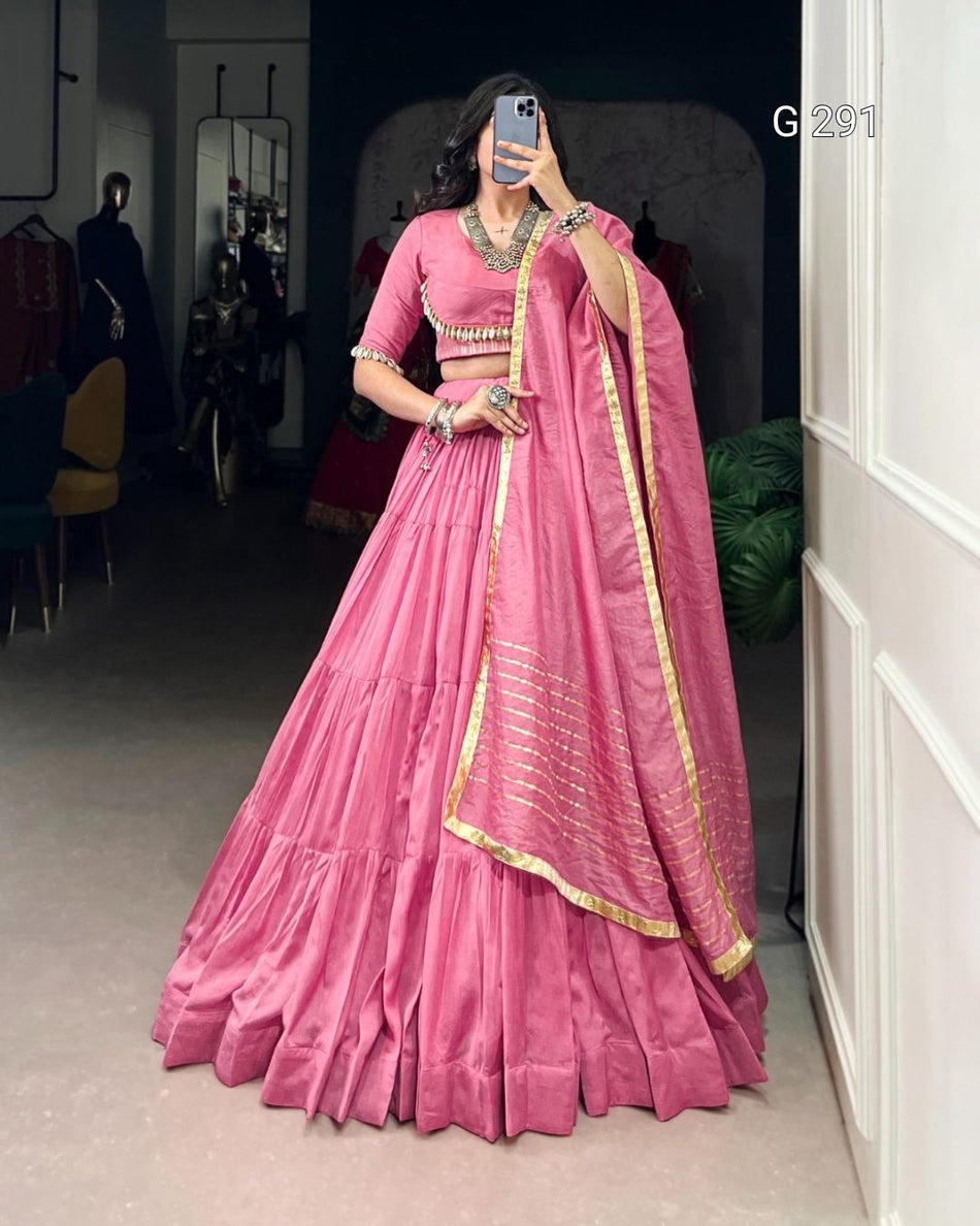 Plain Pure Chanderi Lehenga with Cowrie Lace Blouse & Embossed Dupatta – G 291 Light Pink