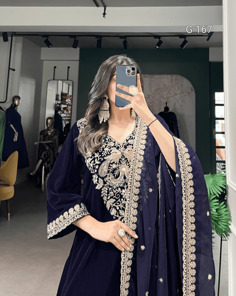 Navi Blue Velvet Top with Sequins & Thread Embroidery, Plain Velvet Bottom & Organza Dupatta - G 167 Navi Blue