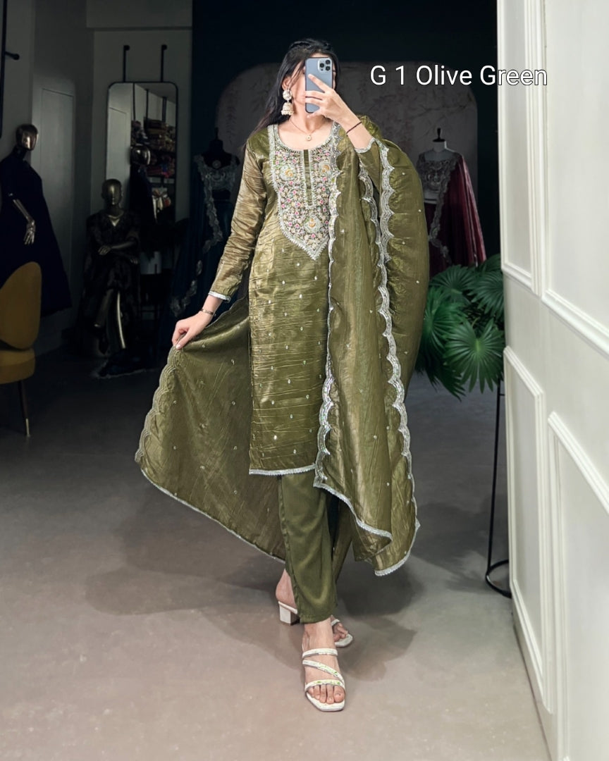 Olive Green Ethnic Dress with Sequins and Thread Embroidery - G 1 Olive Green