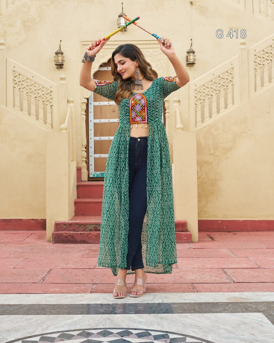 Bandhani Print Faux Georgette Kurti with Kutchi Patchwork – G 418