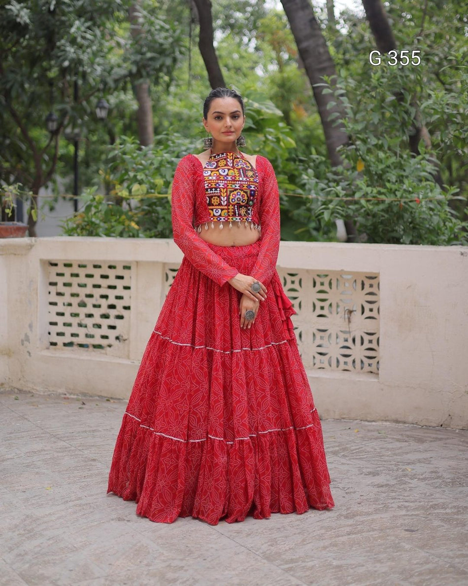 Faux Georgette Lehenga with Bandhej Print & Gotta Patti Lace