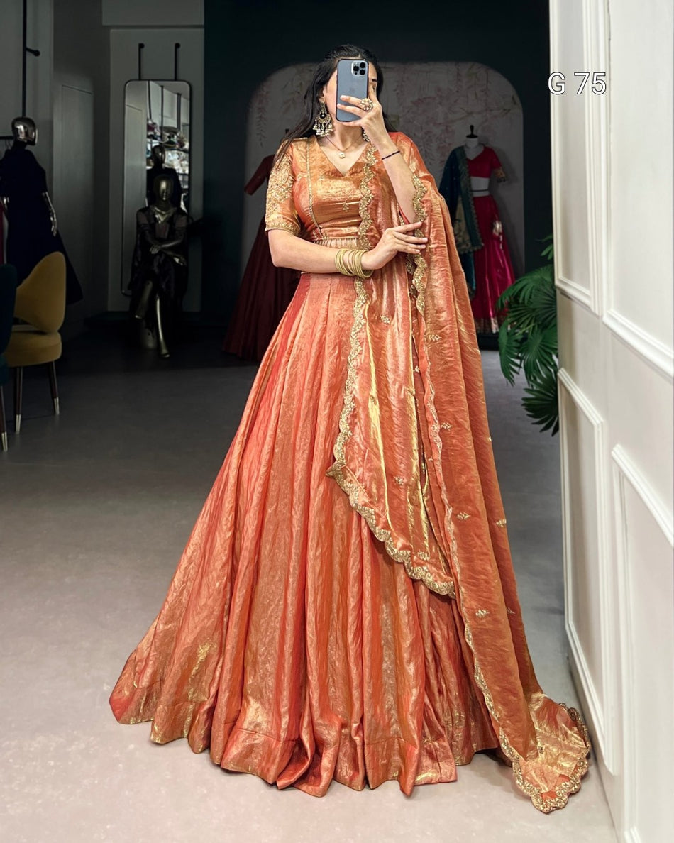 Fendi Lehenga with Sequins & Thread Embroidery – G 75 Rust Orange