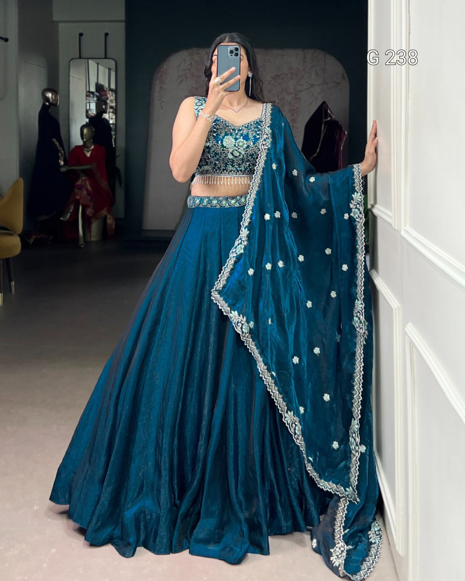 Sequins and Thread Embroidery Fendi Lehenga with Dupatta – G 238 Peacock