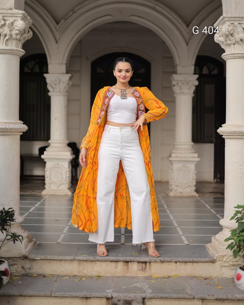 Faux Georgette Shrug Kurti with Bandhani Print – G 404 Yellow