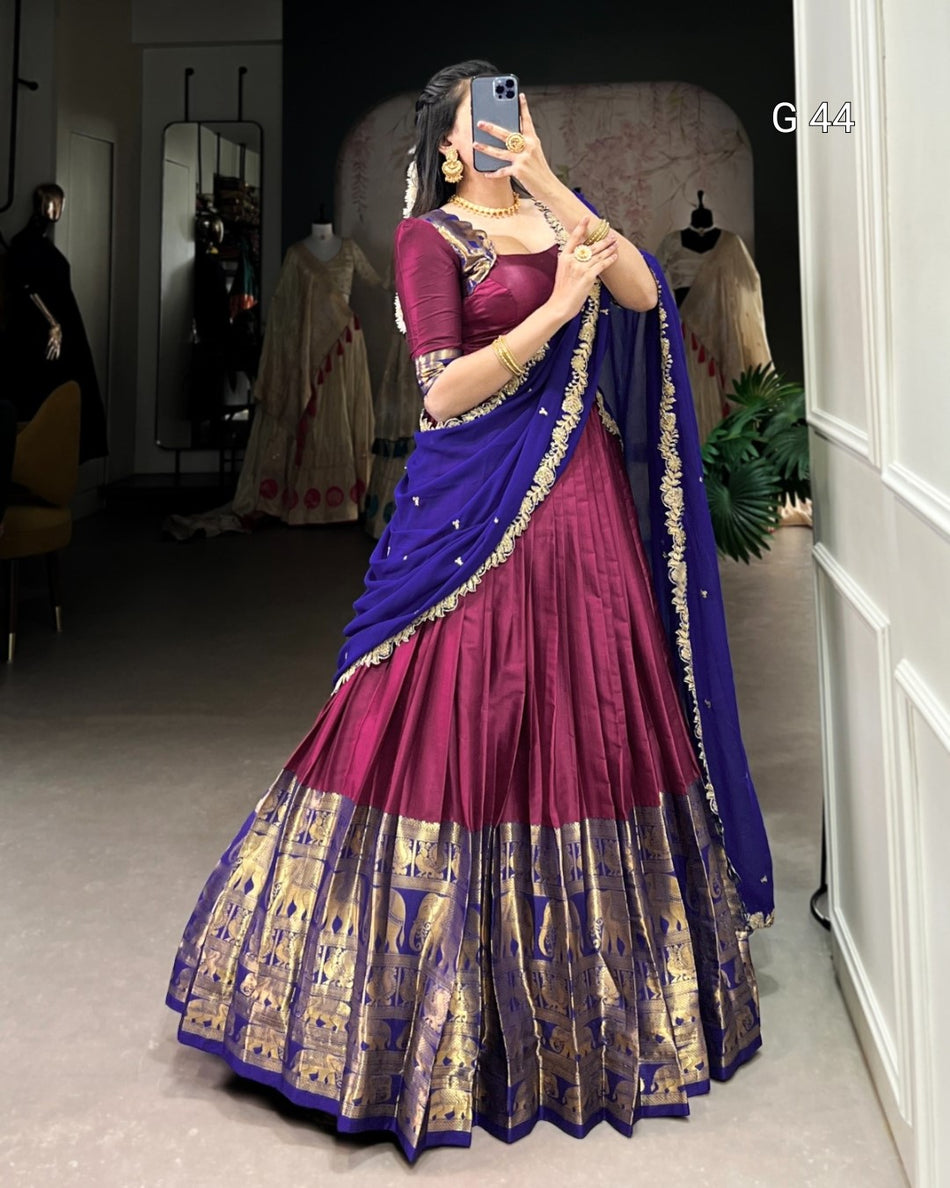 Pink Narayan Pattu Lehenga with Zari Weaving Work – Stitched Blouse with Sequins Embroidery Dupatta