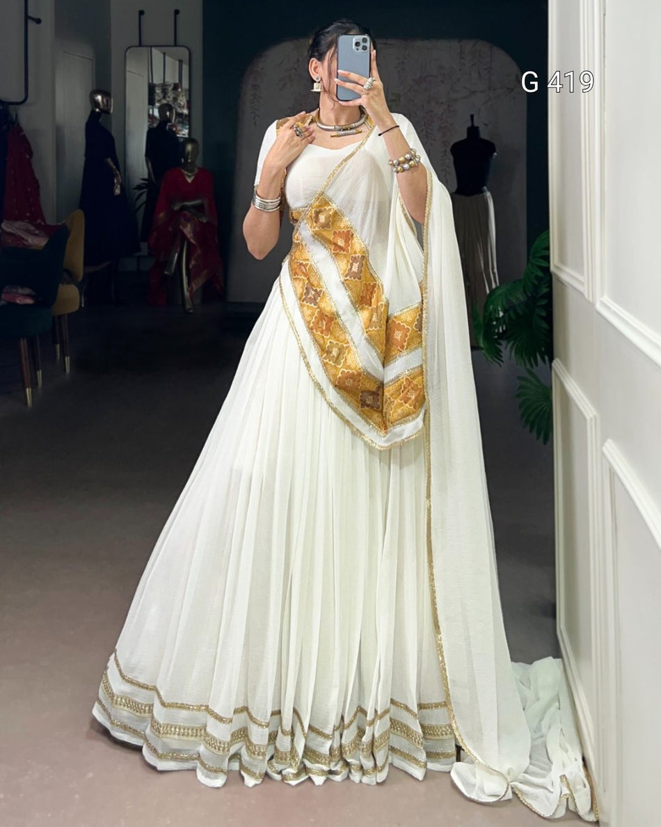 Marble Lehenga with Lace & Printed Blouse – G 419 White