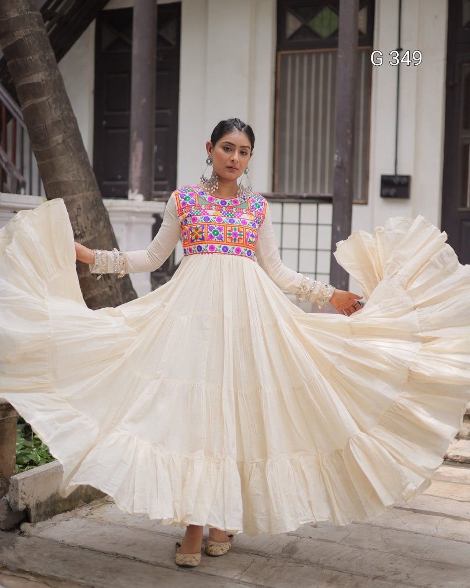Off-White Kora Cotton Stitched Gown with Multi-Thread Gamthi Embroidery - G 349 White