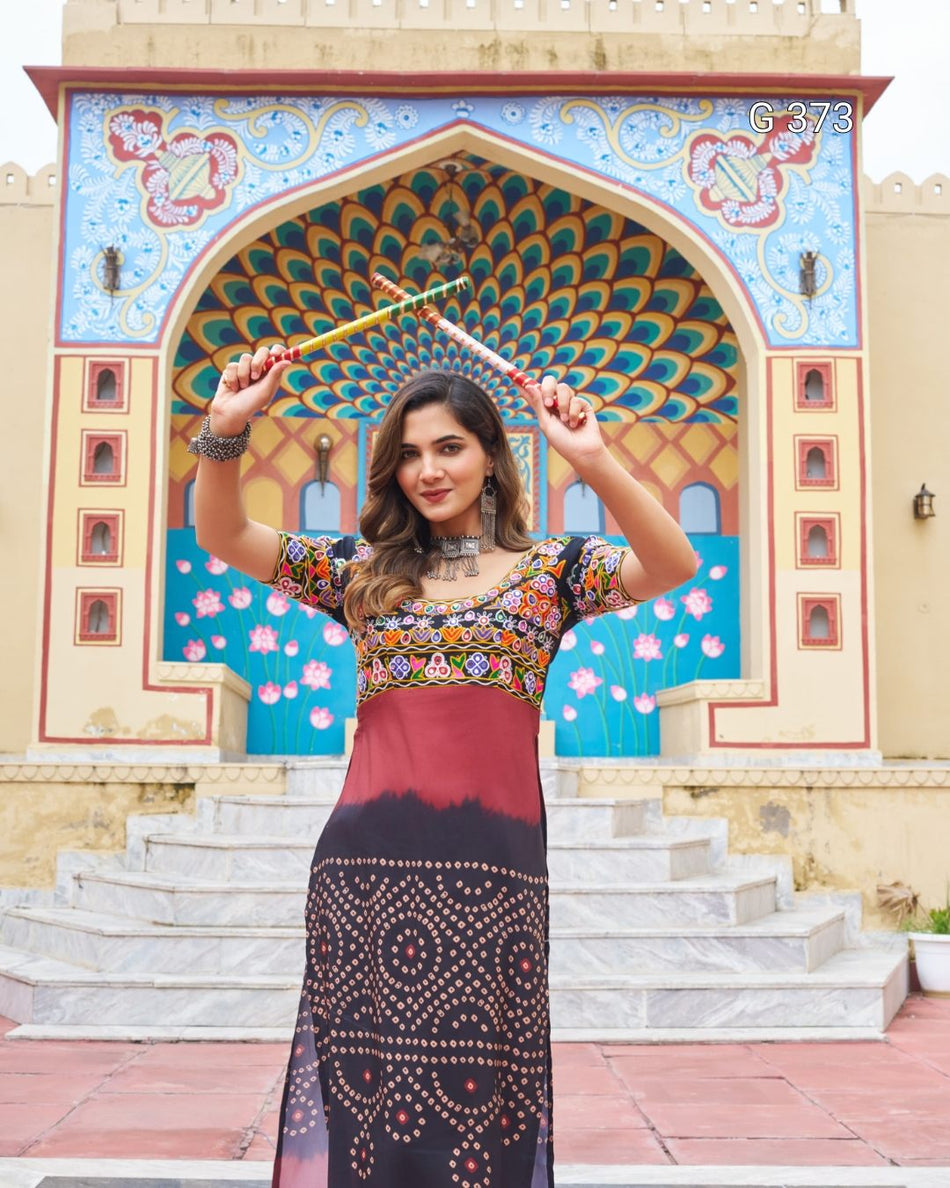 Printed Rayon Kurti with Kutchi Gamthi Work – G 373
