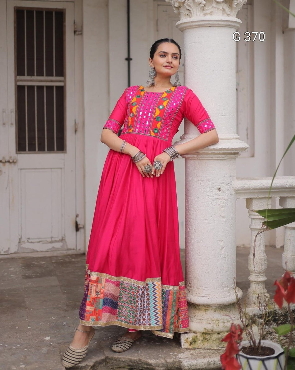 Roman Fabric Gown with Multicolor Thread & Mirror Work – G 370